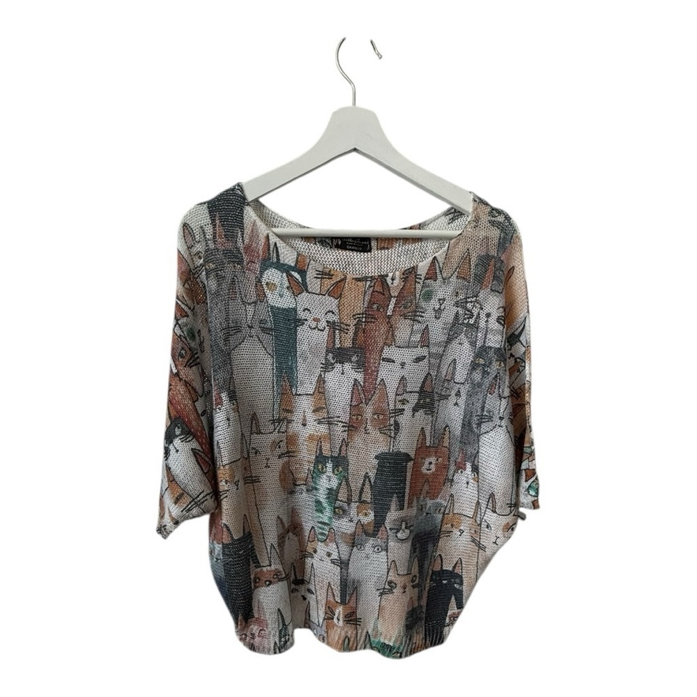 Bella Amore Cat Pattern Knit Short Sleeve Sweater - Size Medium